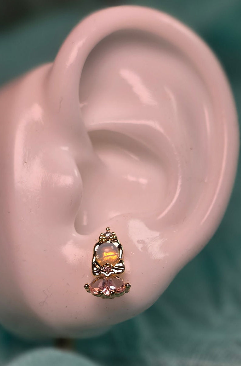 Close-up of an earring on a person's ear with a soft focus background.